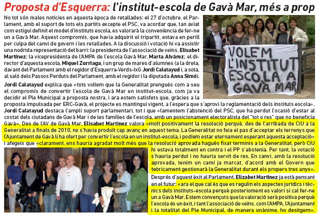 Noticia publicada en el número 99 de la publicacin L'ERAMPRUNYÀ sobre la aprobacin en el Parlament de Catalunya de una resoluci sobre la conversin de la Escuela Gav Mar en un Instituto-Escuela (Noviembre 2011)